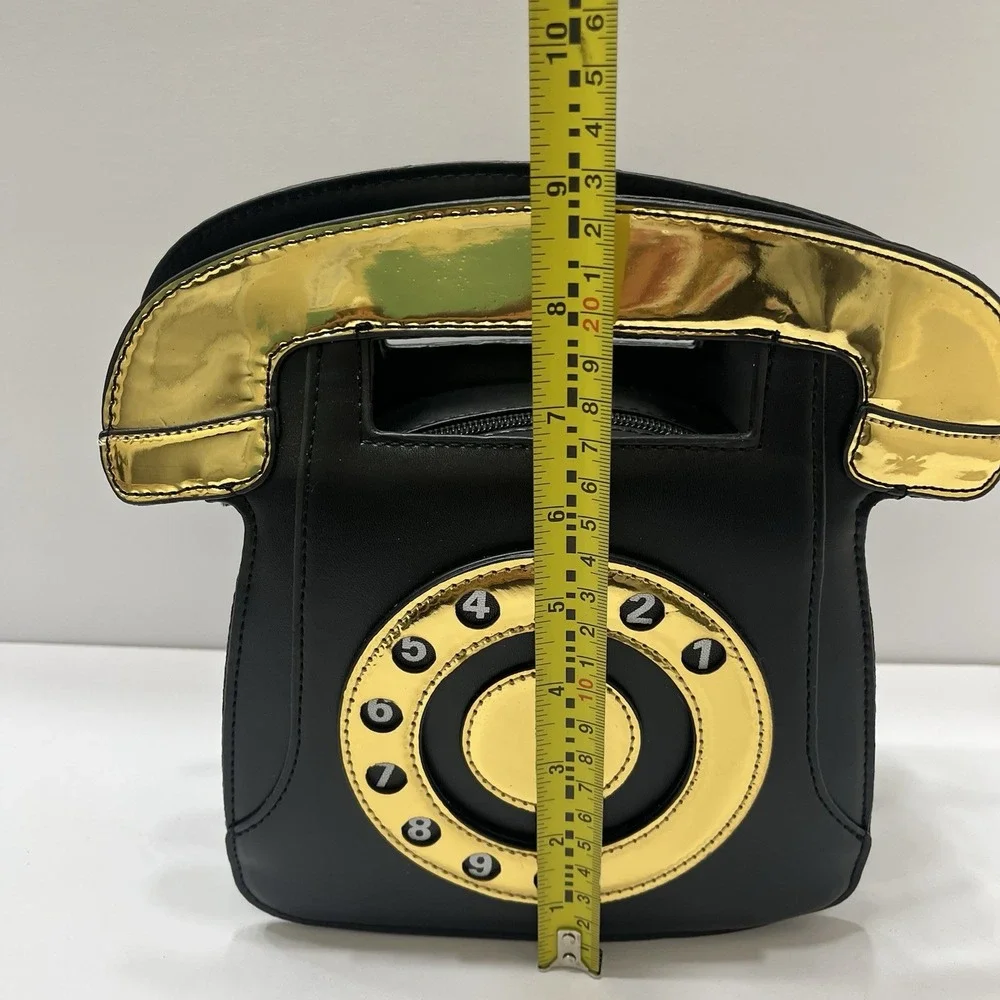 Retro Telephone Handbag Black Gold Crossbody Detachable Strap Gold Hardware 9x10